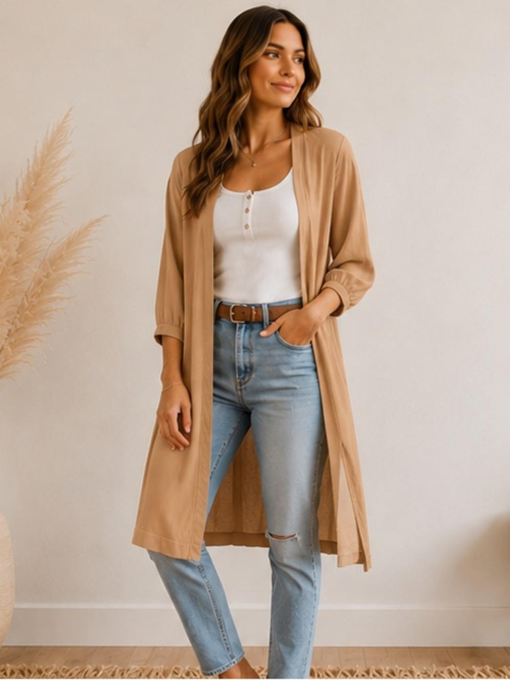 Cuyana Camel Organic Pima Cotton Long Open Front Cardigan